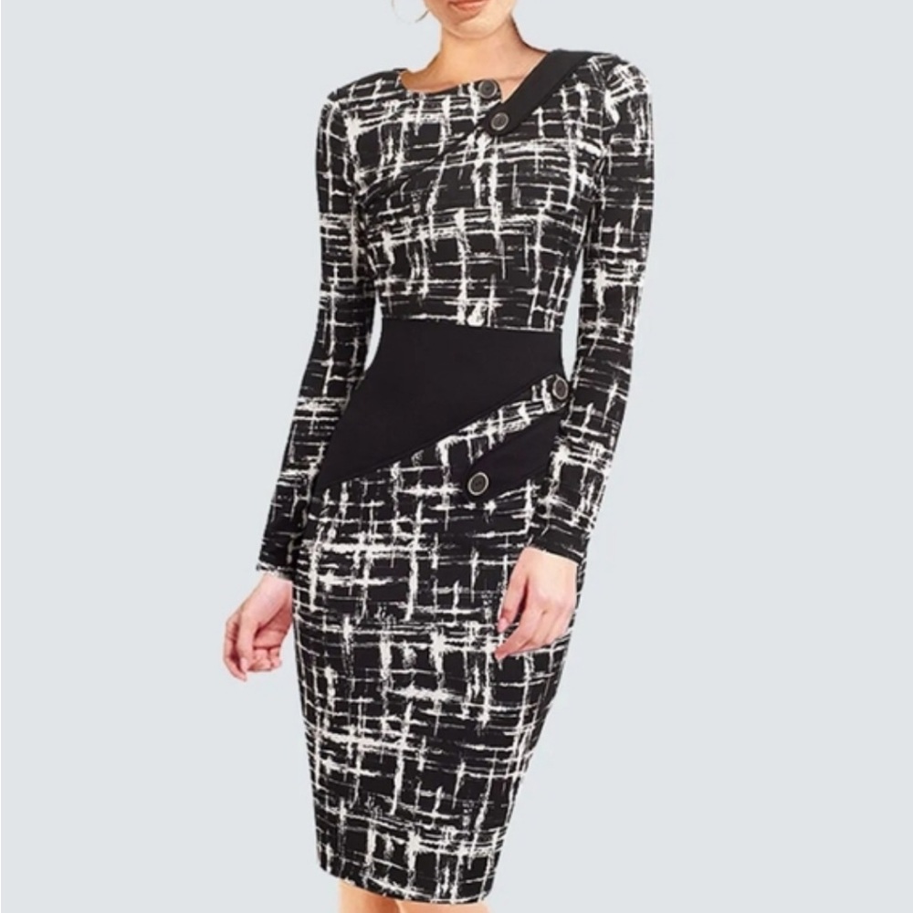 Homeyee Elegant Black and White Long Sleeve Dress SIZE 12